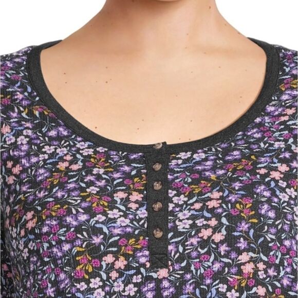 Terry & Sky Women’s Plus Size Long Sleeve Henley Thermal Waffle Tee 1x Floral - Picture 2 of 9